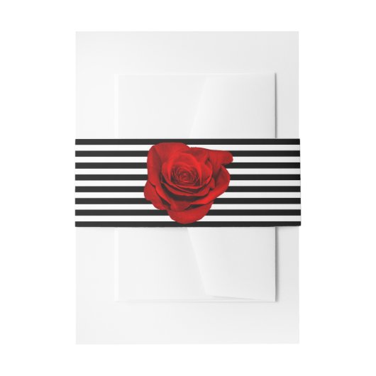 Rode Roos op Zwart & Wit Strepen Bruiloft Uitnodigingen Wikkel (Voorkant Voorbeeld)