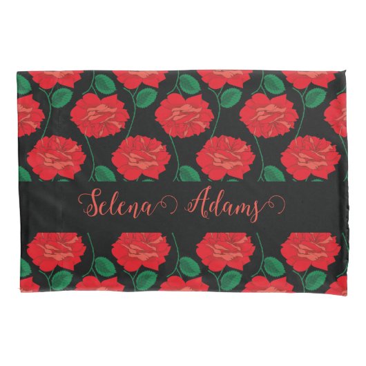 Rode roos op zwarte Kussensloop (Voorkant-Links)