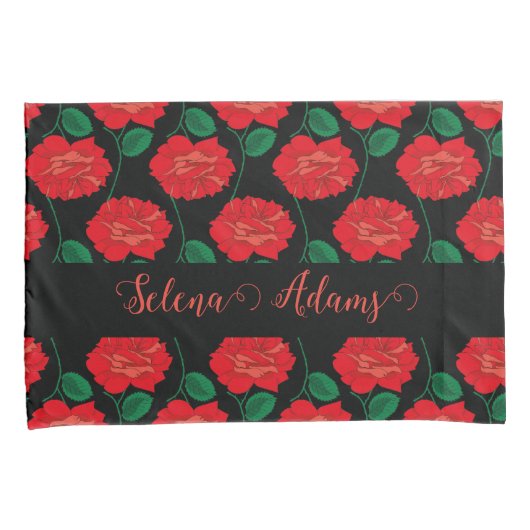 Rode roos op zwarte Kussensloop (Voorkant-Rechts)