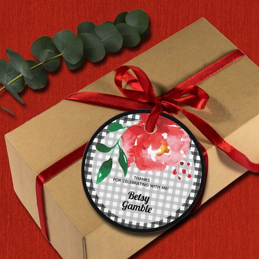 Rode Roos op Zwarte Witte Gingham Bruiloft Feest Bedankjes Labels