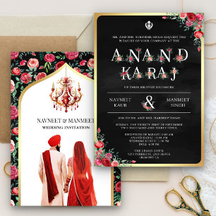 Rode Roos Typografie Zwarte Anand Karaj Sikh Huwel Kaart
