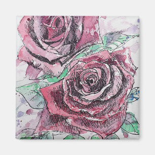 Rode Roos Waterverf Bloemen Bloemschildering Magneet