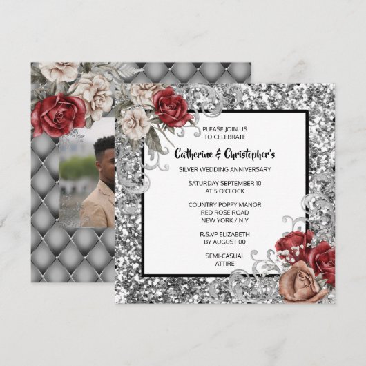 Rode roos zilver glitters schittering vintage roze kaart (Voorkant / Achterkant)