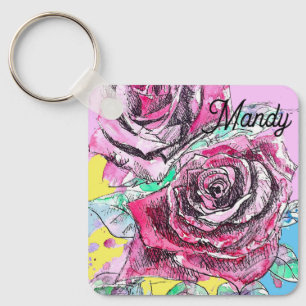 Rode Rose Bloem Aquarel Roze Kleurrijke Kunst Sleutelhanger