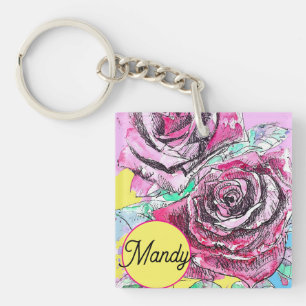Rode Rose Bloem Aquarel Roze Kleurrijke Mum Art Sleutelhanger