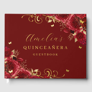 Rode Rose Bloemen Gouden Wervel Quinceanera Gastenboek