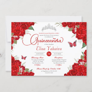 Rode Rose Bloemen Zilver Tiara Vlinder Quinceanera Kaart