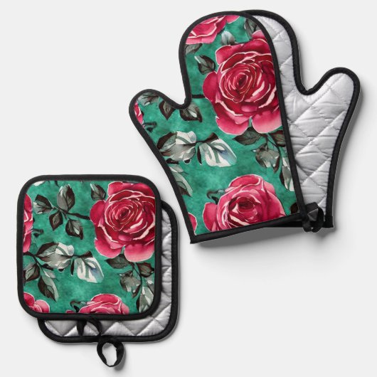 Rode Rose Oven Mitt en Potholder Set (Voorkant / Achterkant)