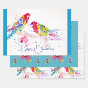 Rode Rosella Parrot Aquarel Schilderij Blauwgroen Inpakpapier Vel