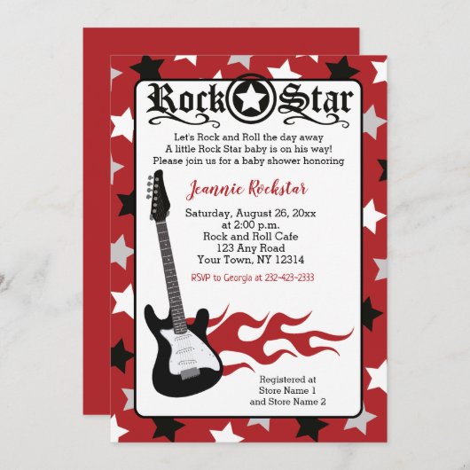 Rode Rots Ster Gitaar Rock a Bye Baby Shower Uitno Kaart (Voorkant / Achterkant)