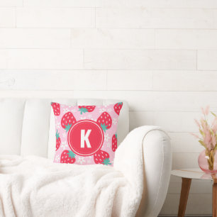 Rode Roze Aardbeien Bloemmotief Monogram Kussen