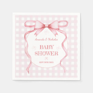 Rode Roze Aquarel Strik Gingham Meisje Baby Shower Servet