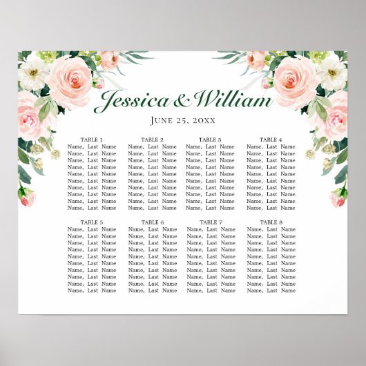 Rode Roze Bloemen 8 Tafels Trouw ZITTINGSSCHEMA Poster (Voorkant)