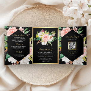 Rode Roze Bloemen Goud QR Code Zwarte Trouwdag Drieluik Uitnodiging