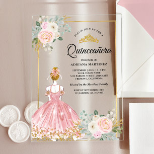Rode Roze Bloemjurk Prinses Gouden Quinceanera Acryl Uitnodigingen