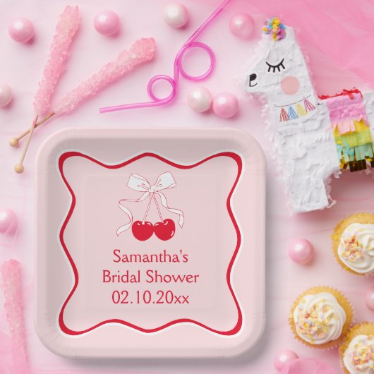 Rode Roze Boog Kers Bruidsdouche Papieren Bordje (Feest)