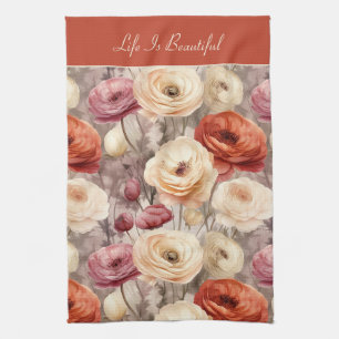 Rode Roze Crème Ranunculus Bloemen Theedoek