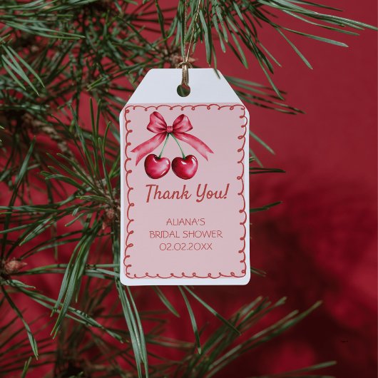 Rode Roze Cute Strik Kers op de Top Bruidsdouche Cadeaulabel