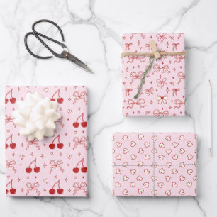 Rode Roze Cute Strik Rode Kersen Harten Valentijns Inpakpapier Vel