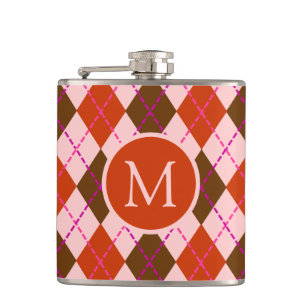 Rode Roze en Bruine Argyle Patroon Monogram Heupfles