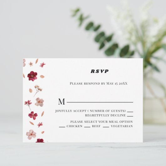 Rode Roze en Crème, Bloemen Wedding RSVP (Staand voorkant)