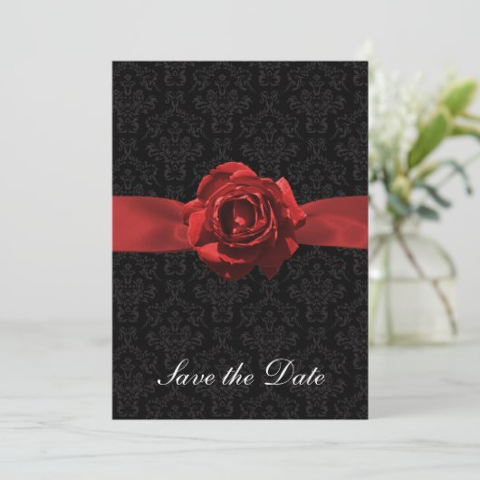 Rode roze en lint save the date (Staand voorkant)