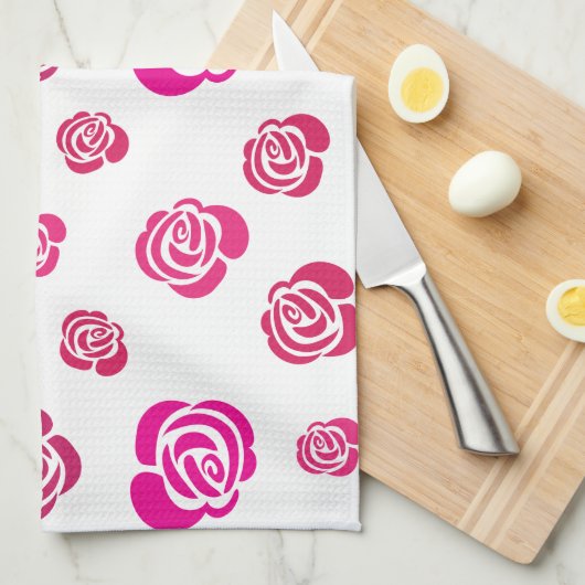 Rode Roze en Magenta Rozen in een Vloeiend Patroon Theedoek (Quarter Fold)