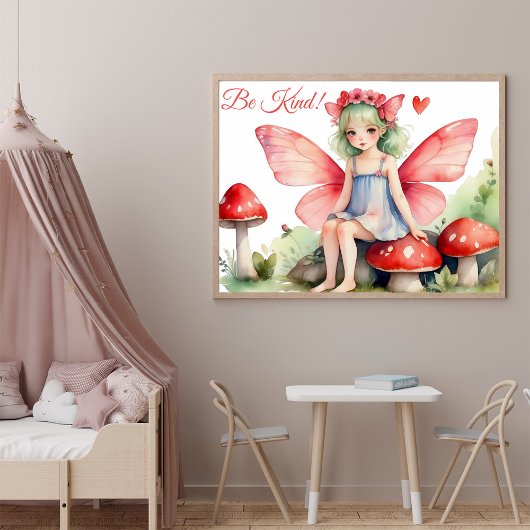 Rode Roze Fee met Paddenstoelen Wees Vriendelijk C Poster