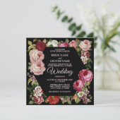 Rode roze Floral Greenery Rustic Black Wedding Kaart (Staand voorkant)