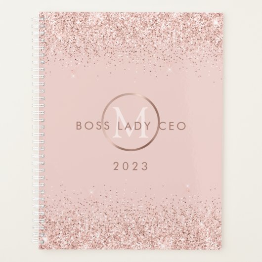Rode Roze Glitter Baas Dame Directeur Monogram 202 Planner (Voorkant)