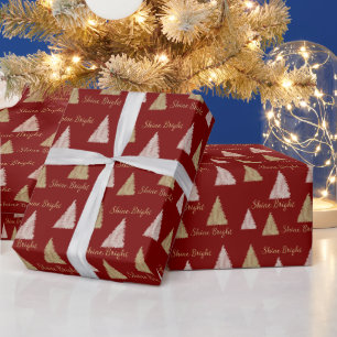 Rode Roze Gouden Glitter Glans Kerstbomen Cadeaupapier