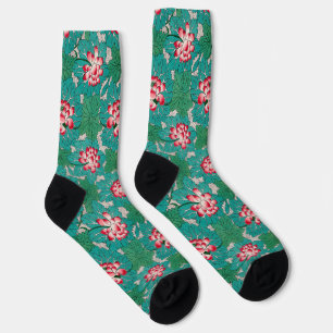 Rode Roze Groene Teal Chinese Lotussen Patroon Sokken