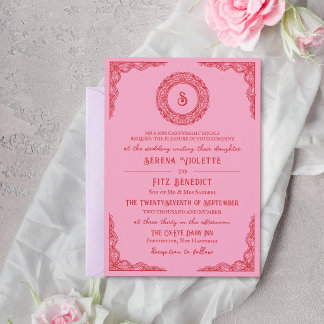 Rode Roze Handgetekende Kant Vintage Monogram Kaart