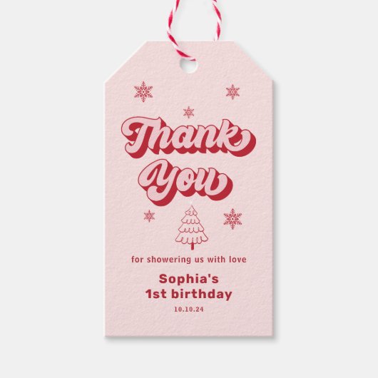 Rode Roze Kerstmis Verjaardag Dank u Favor Cadeaulabel (Voorkant)