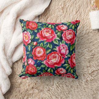 Rode Roze Pioenrozen & Groene Bladeren Blauw Patro Kussen