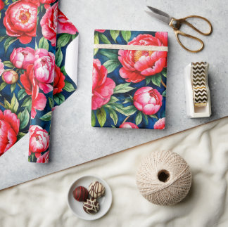 Rode Roze Pioenrozen & Groene Bladeren Blauwe Patr Cadeaupapier