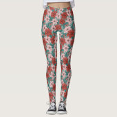 rode roze Poinsettia Floral Pattern Xmas Leggings (Voorkant)