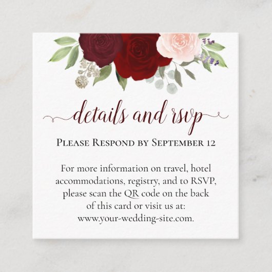 Rode & Roze Rozen Trouwdetails & RSVP QR Code Informatiekaartje (Voorkant)