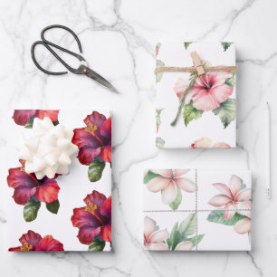 Rode Roze Tropische Hibiscus Plumeria Bloemige Bru Inpakpapier Vel