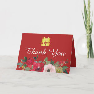 Rode roze waterverf bloemrijke moderne Chinese bru Bedankkaart