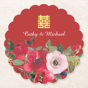 Rode roze waterverf florerend modern dubbel geluk kartonnen onderzetters