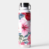 Rode Roze Waterverf Hibiscusbloemen Waterfles (Achterkant)