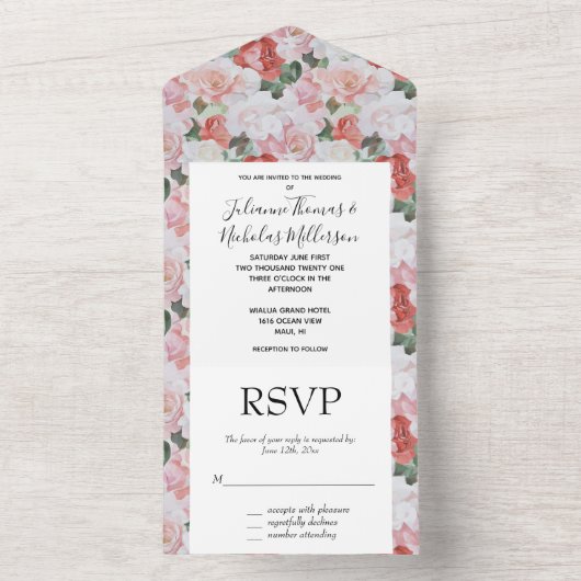 Rode Roze Witte Rozen Bloemen Huwelijk All In One Uitnodiging (Binnen)