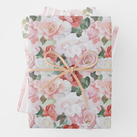 Rode Roze Witte Rozen Bloemrijke Bruids Bruiloft Inpakpapier Vel (In situ)