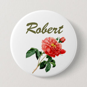  rode rozebloemen, naam pin ronde button 7,6 cm