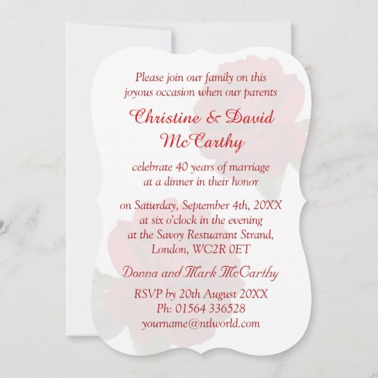 Rode rozen 40e Jubileum-uitnodiging voor ruby Wedd Kaart (Achterkant)