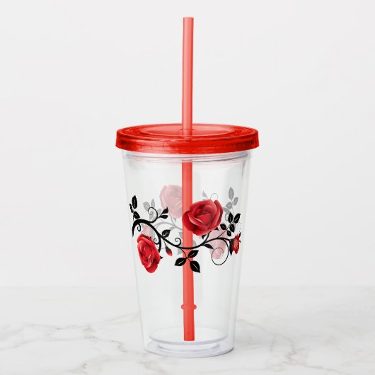 Rode Rozen Acryl Tumbler Glas met Deksel/Stro (Voorkant)