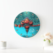 RODE ROZEN, AQUA BLUE DAMASKMONOGRAM GROTE KLOK (Huis)