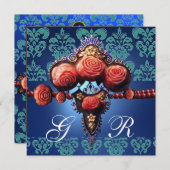 RODE ROZEN, AQUA BLUE DAMASKMONOGRAM KAART (Voorkant / Achterkant)