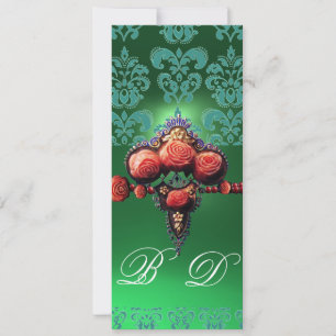 RODE ROZEN, BLAUW GROENTE ZWARTE DAMASKMONOGRAM KAART